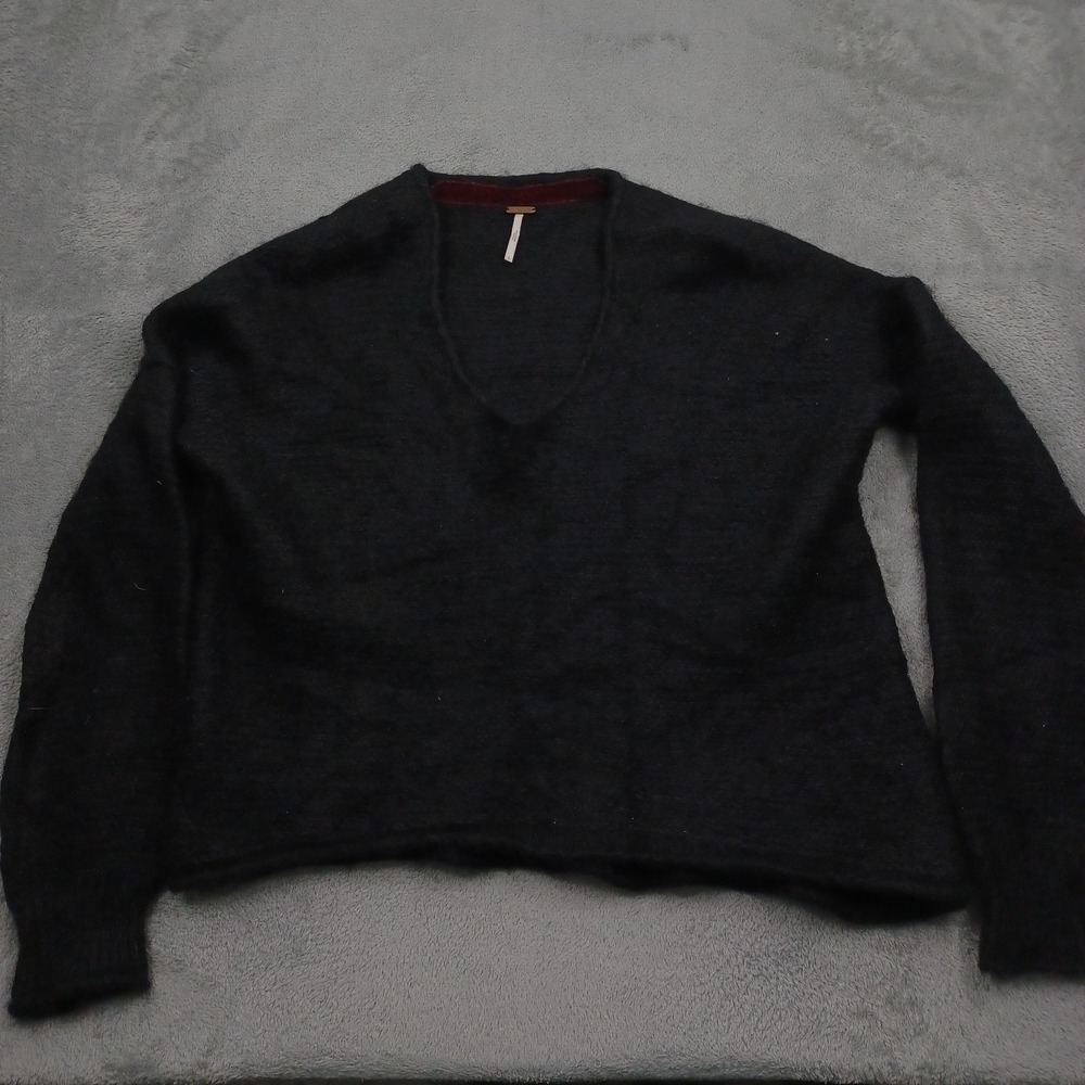 Free People Sweater Womens Large Black V Neck Alpaca Blend Pullover Preppy - Picture 1 of 8